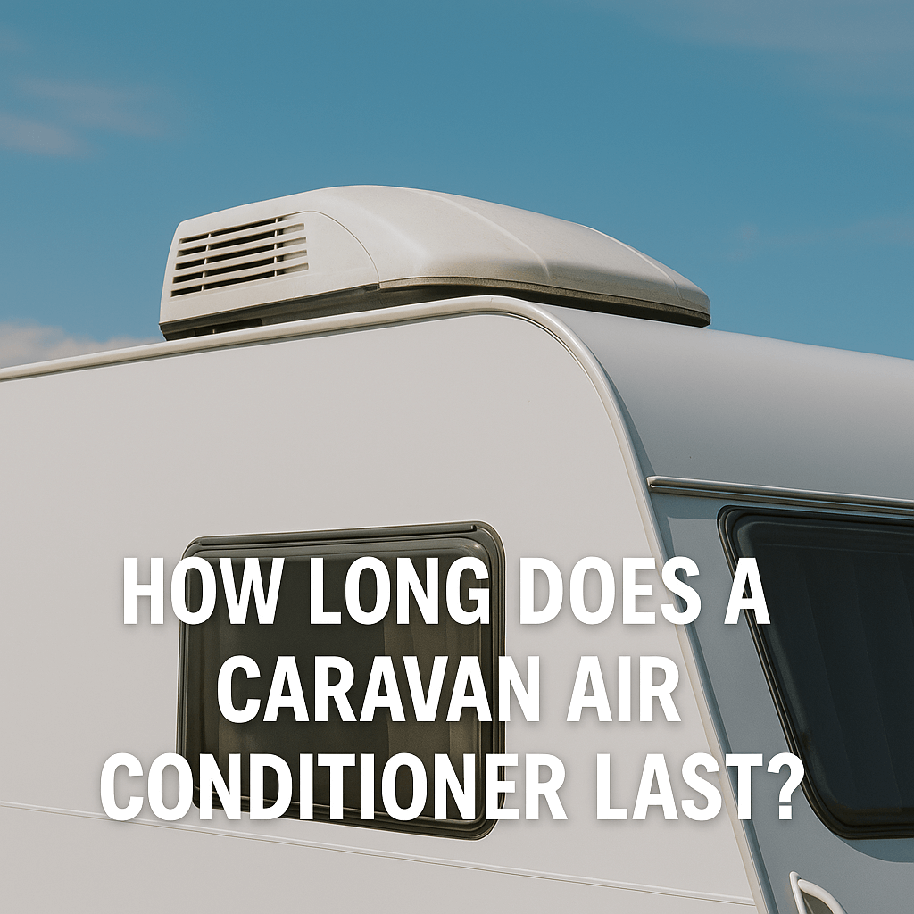 A white caravan with a roof-mounted air conditioner under a clear blue sky, featuring bold white text that reads "How Long Does a Caravan Air Conditioner Last?"