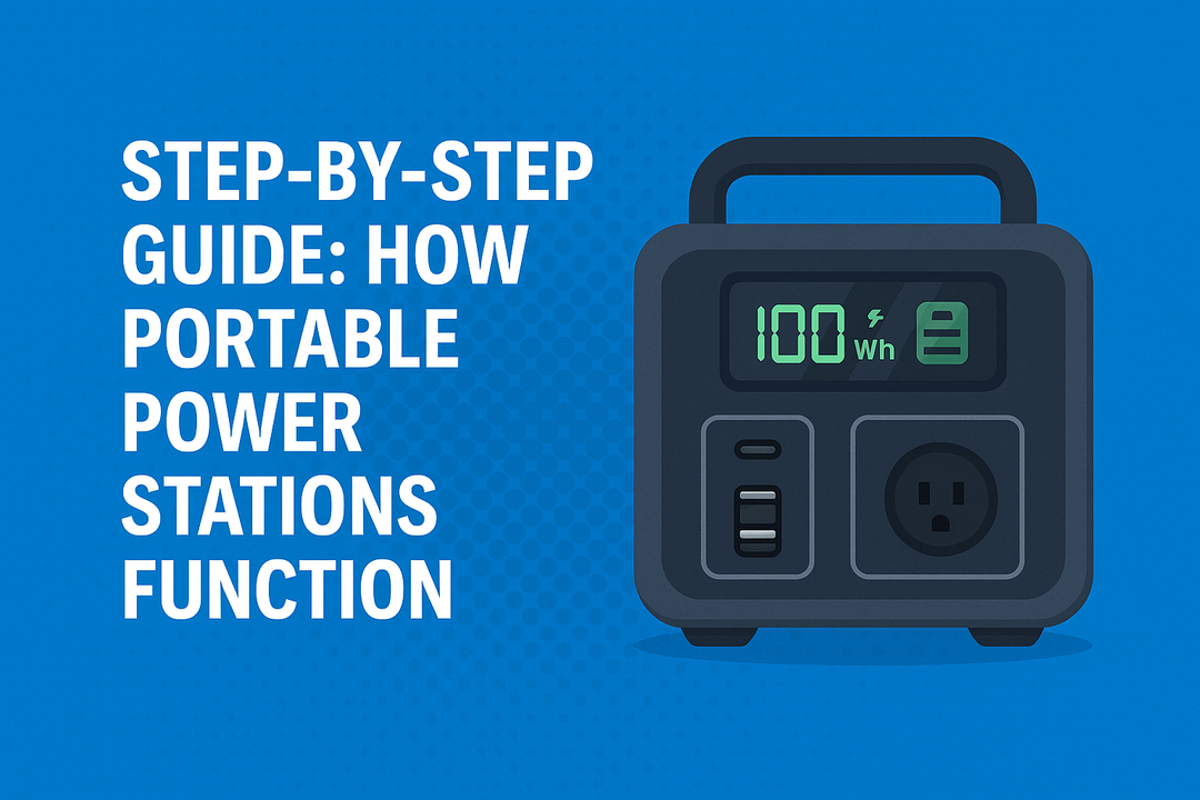 A Portable Power Station on a blue background next to text which reads "Step-by-step guide: How portable Power Stations Function"