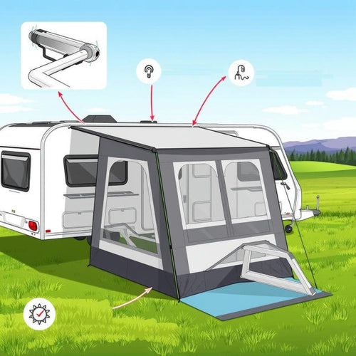 Drawning of a caravan air awning attached to a caravan 