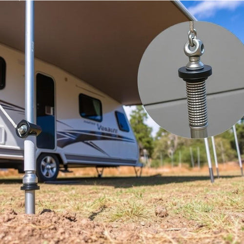 A caravan awning with a pole and circle containing a tool