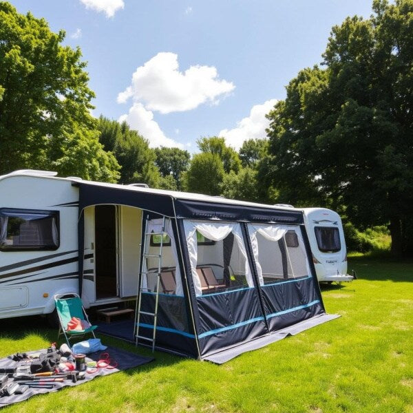 A caravan awning shown set up in a field next to a caravan