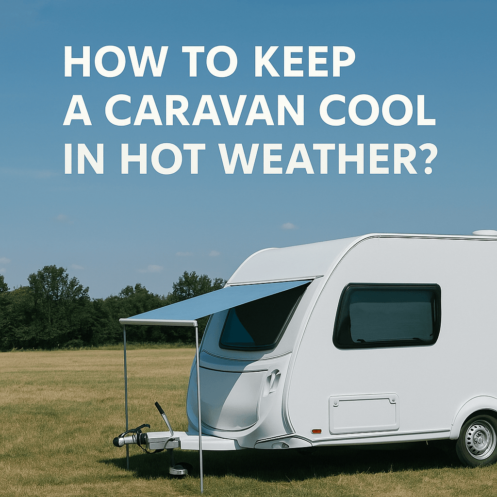 A  white caravan parked under blue skies with an extended awning and the heading "How to Keep a Caravan Cool in Hot Weather?"