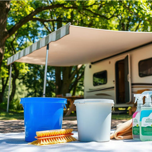 Two buckets, one blue and one grey, with a brush between them, on the ground in front of a caravan awning