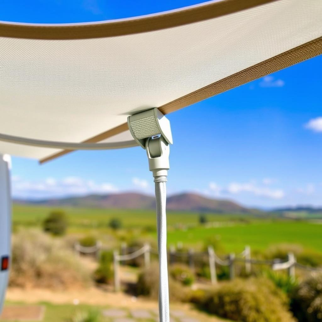Close up of a tool being used on an awning, with fields, trees and blue sky in the background