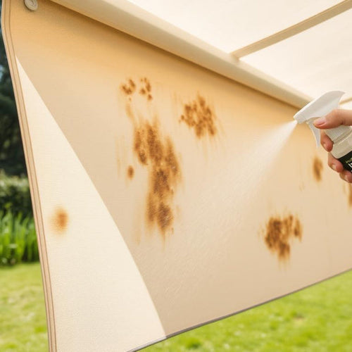 A caravan awning with mould spots having a substance sprayed on it from a bottle