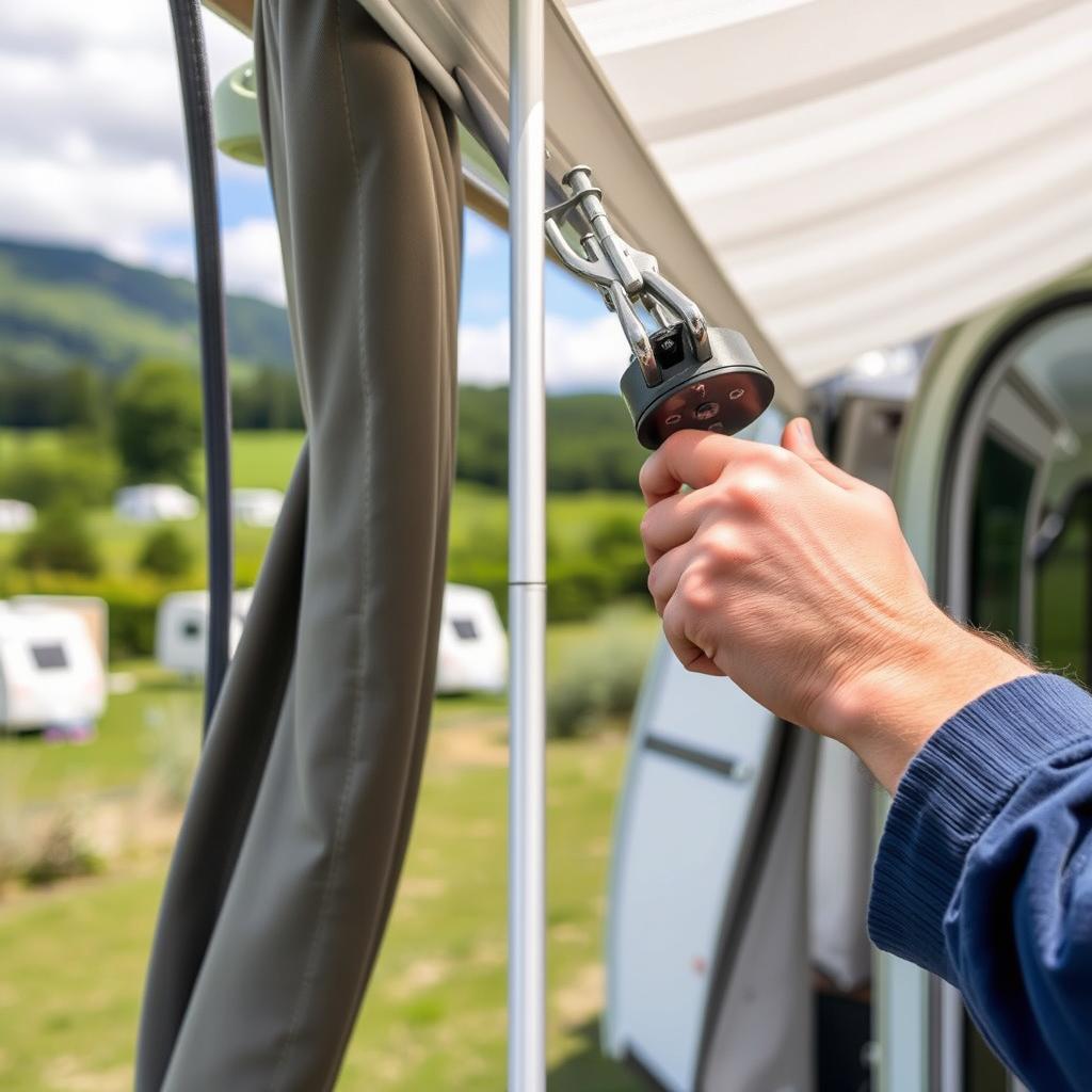 Close up of a hand using a tool to adjust a caravan awning