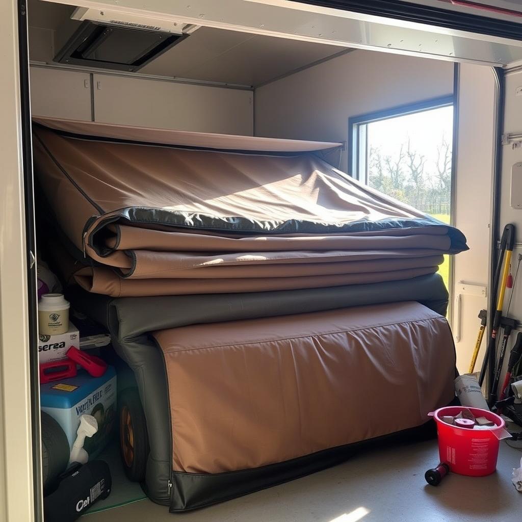 Caravan awnings shown packed away and folded up inside a garage
