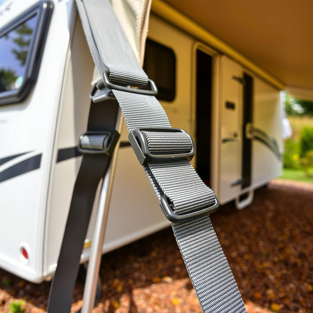 Close up of a strap being used to peg a caravan awning down