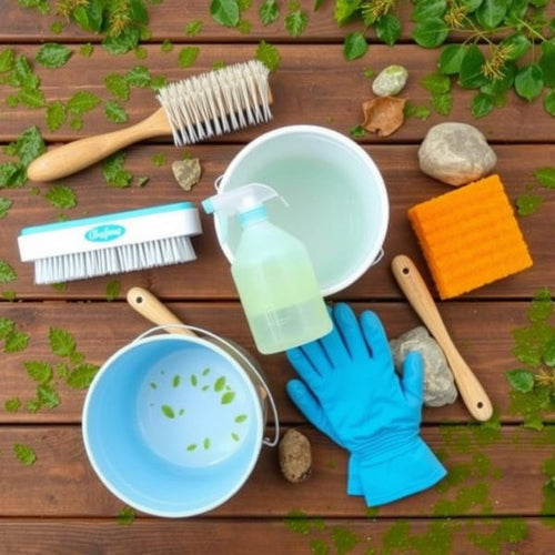 Brushes, buckets, rubber gloves and cleaning products laid out on a wooden board with leaves