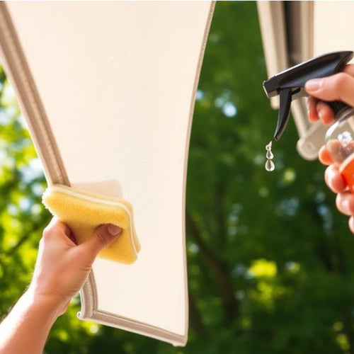 A hand holding a sponge and another hand holding a bottle while they clean an awning fabric