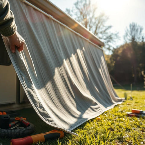 A hand touching the fabric of a caravan awning from the left side of the screen