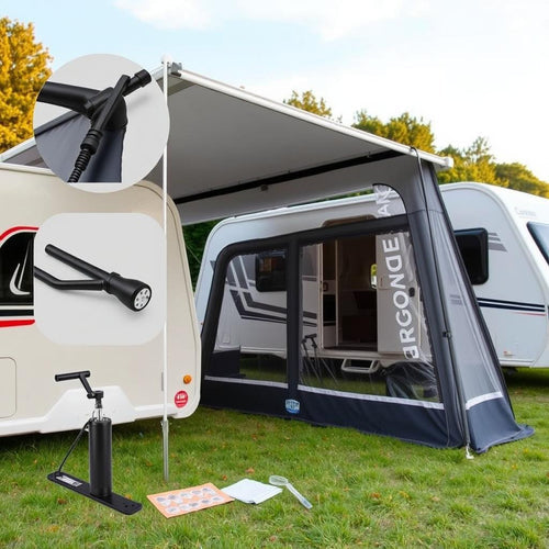 A caravan awning with circles highlighting pieces of repair kit