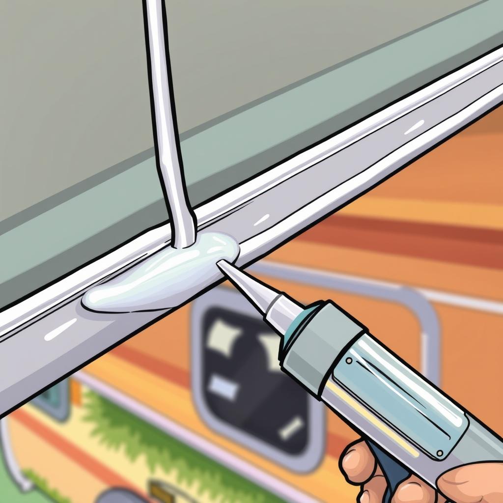 Drawn image of sealant being applied to an awning rail
