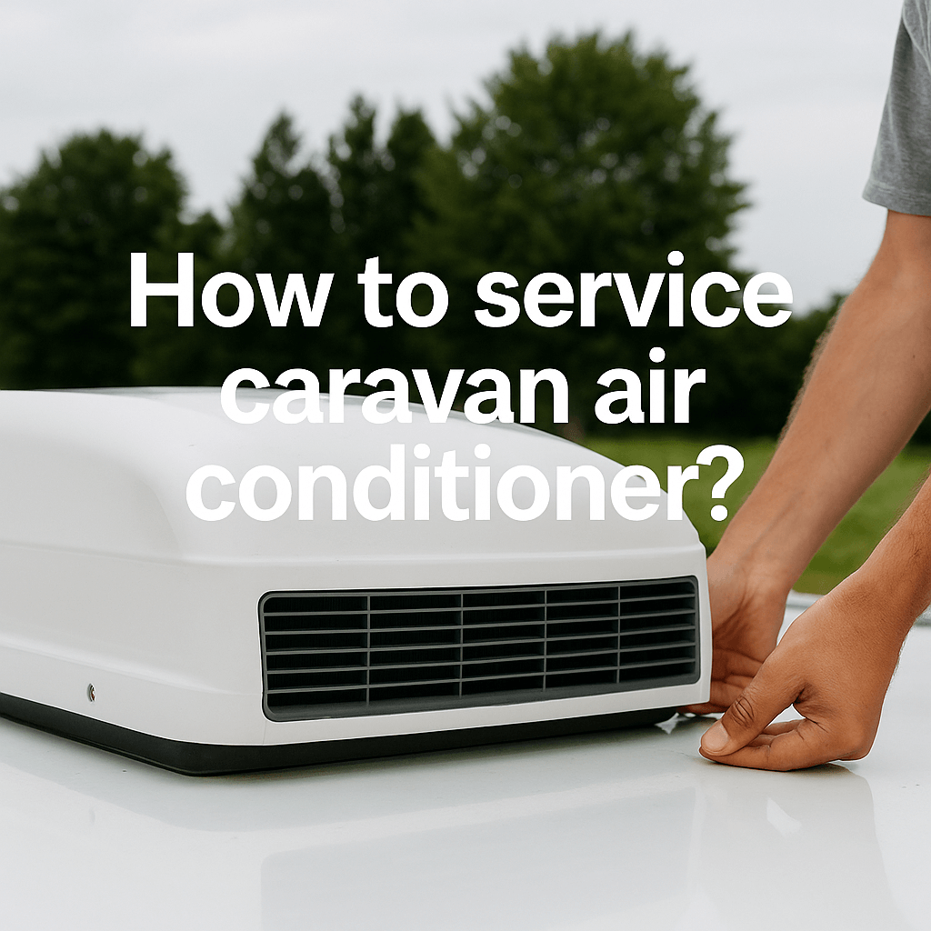 A person servicing a caravan rooftop air conditioner with text overlay: “How to service caravan air conditioner?”