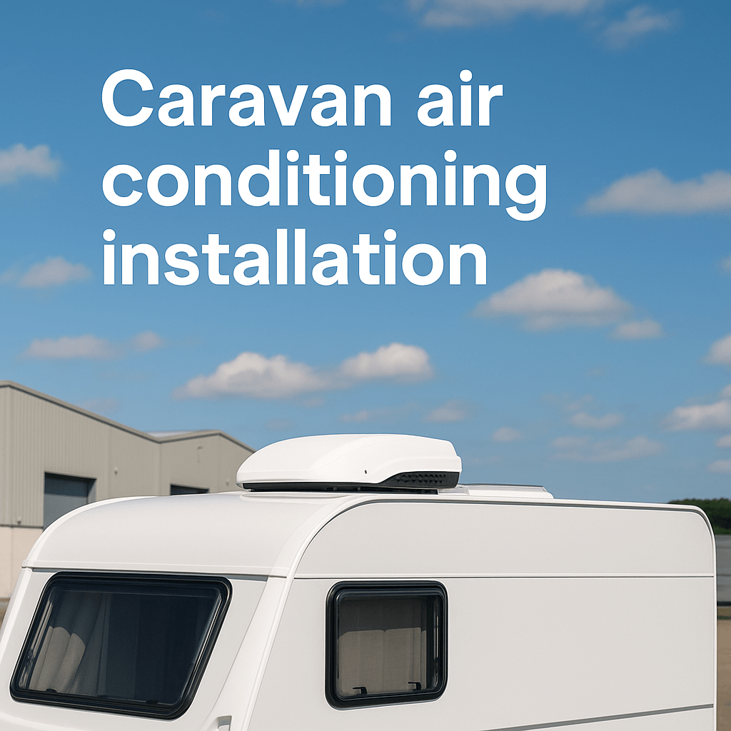 A white caravan with a rooftop air conditioning unit under a clear sky, featuring the text “Caravan air conditioning installation.