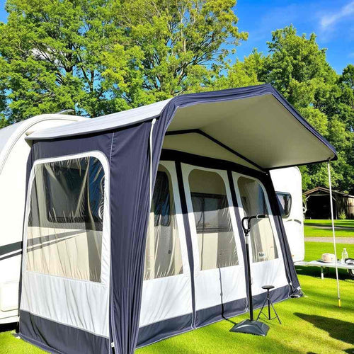 A caravan air awning shown from the front with a peaked porch roof
