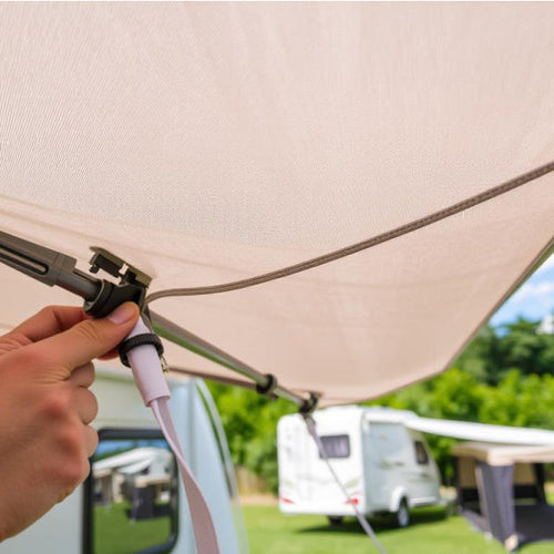 Close up of a hand fixing a caravan awning, with a field and caravan in the background