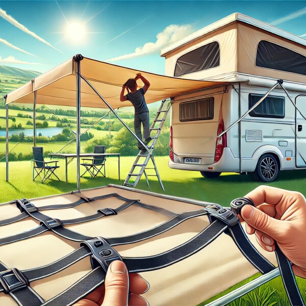 Drawing of a person tensioning a caravan awning in a green field with a sunny background