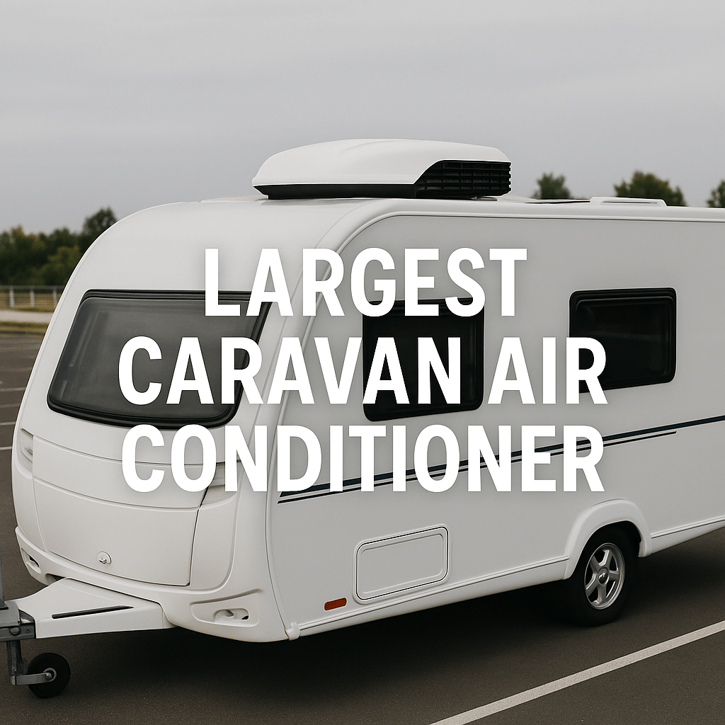A modern white caravan with a rooftop air conditioner unit, captioned “Largest Caravan Air Conditioner” in bold text, parked under a cloudy sky.