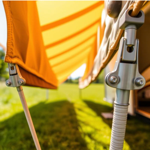 Close up of the buckles and straps on an awning