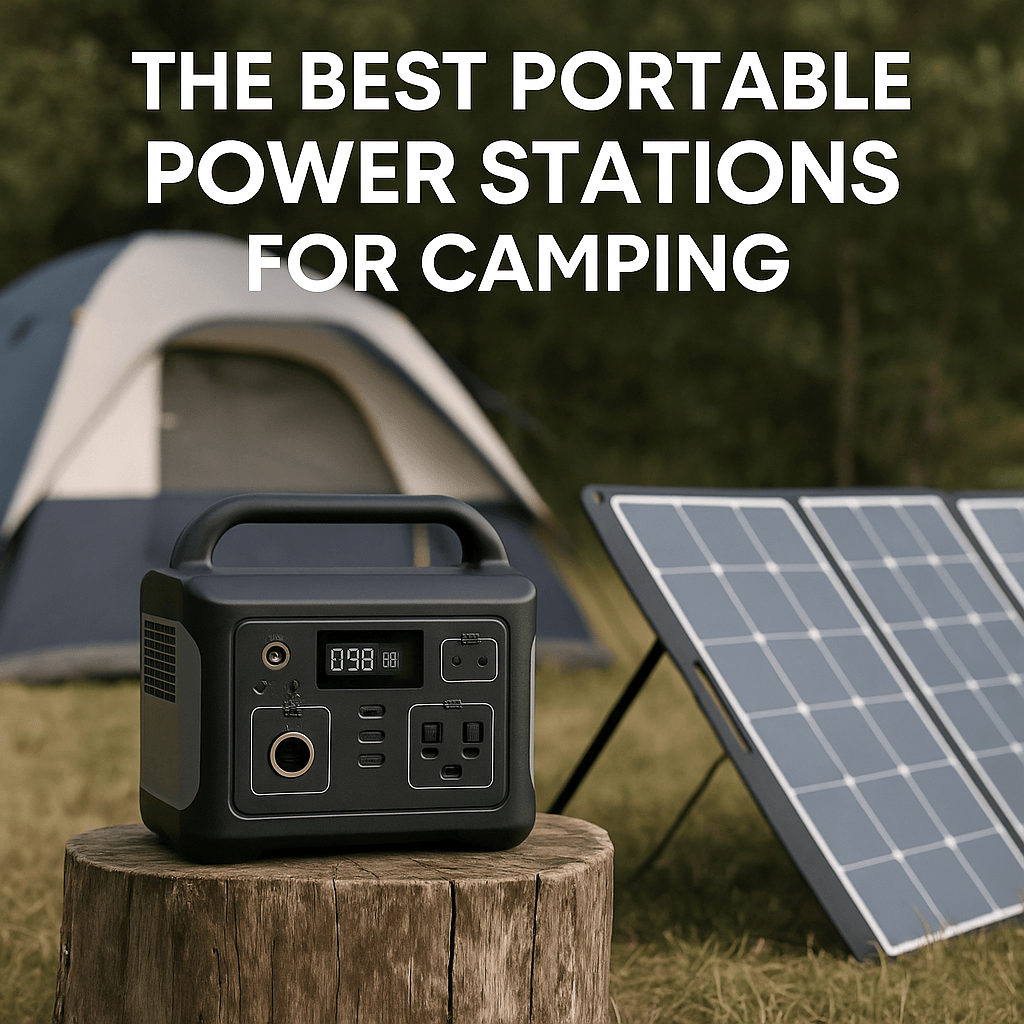 The Best Portable Power Stations for Camping – portable power station with solar panels beside a tent in a camping setting.