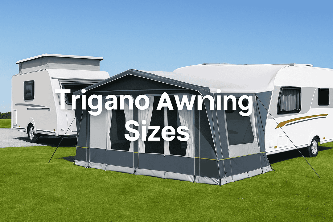 Trigano caravan with full awning pitched on grass with overlaid text ‘Trigano Awning Sizes’ showing typical Trigano awning fit and depth