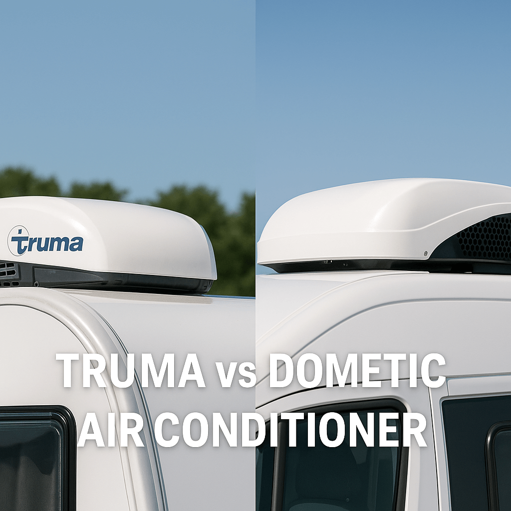 Truma vs Dometic air conditioner units mounted on caravans with text 'TRUMA vs DOMETIC AIR CONDITIONER' .