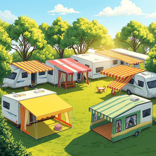 A drawning of multiple different caravan awnings in a field