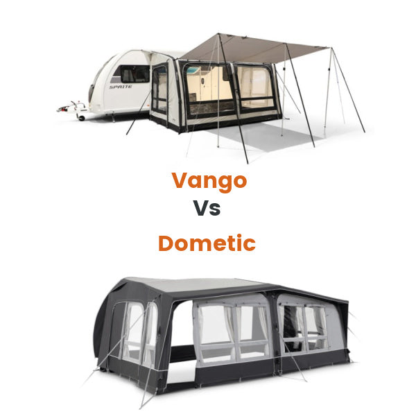 A Vango awning above a Dometic awning with the texf "Vango vs Dometic" written in between them