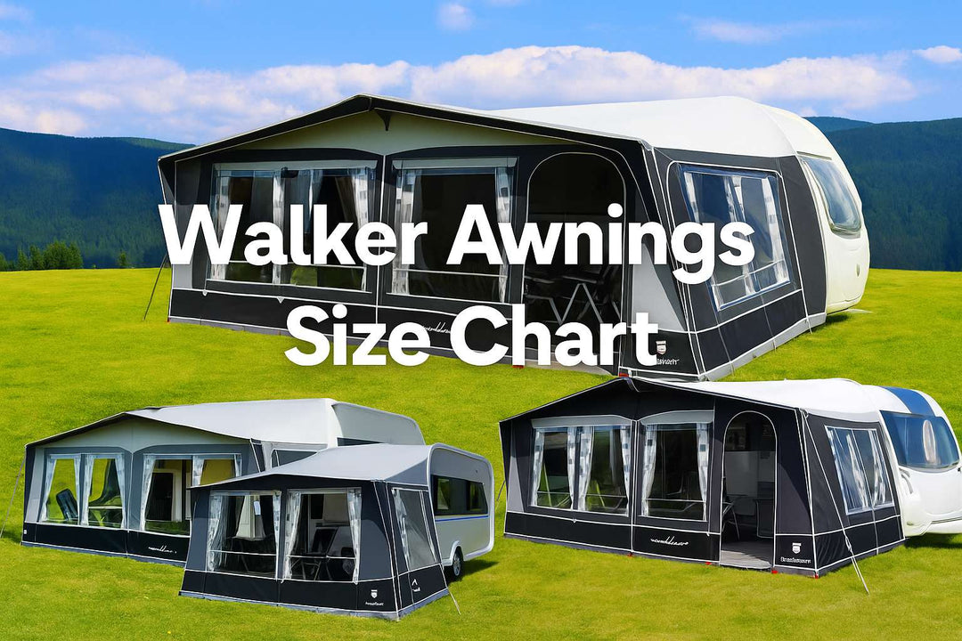 Walker caravan awning hero image with text overlay showing Walker Awnings Size Chart