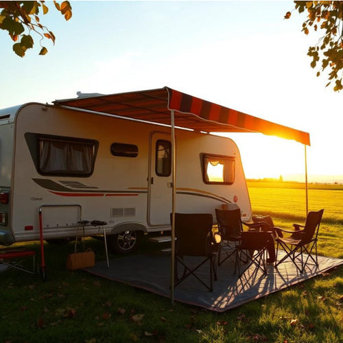 A caravan with awning, chairs and a rug. There is a setting sun and field in the background