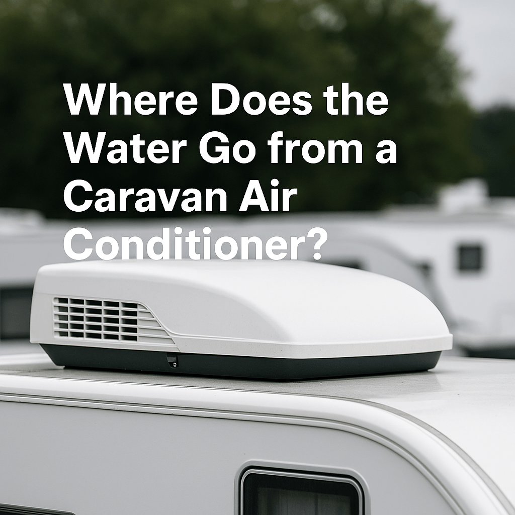 Roof-mounted caravan air conditioner with bold white text overlay: “Where Does the Water Go from a Caravan Air Conditioner?” on a clean caravan roof, blurred background of caravans and trees.
