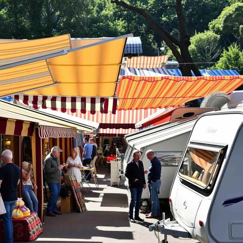 A busy marketplace with several caravan owners talking underneath various awnings