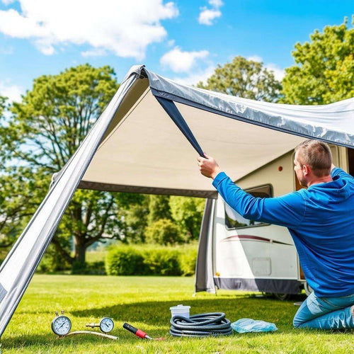 A man repairing an awning with trees and blue sky behind