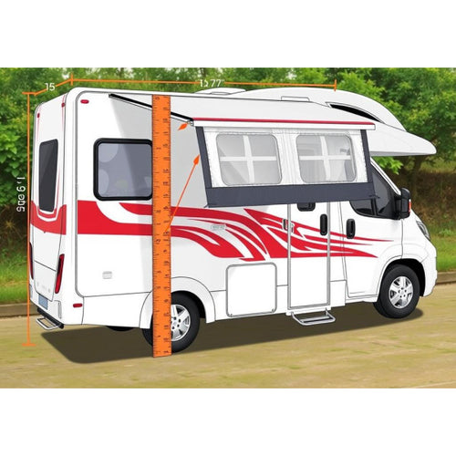 Artistic picture of a motorhome with a rule showing it is being measured