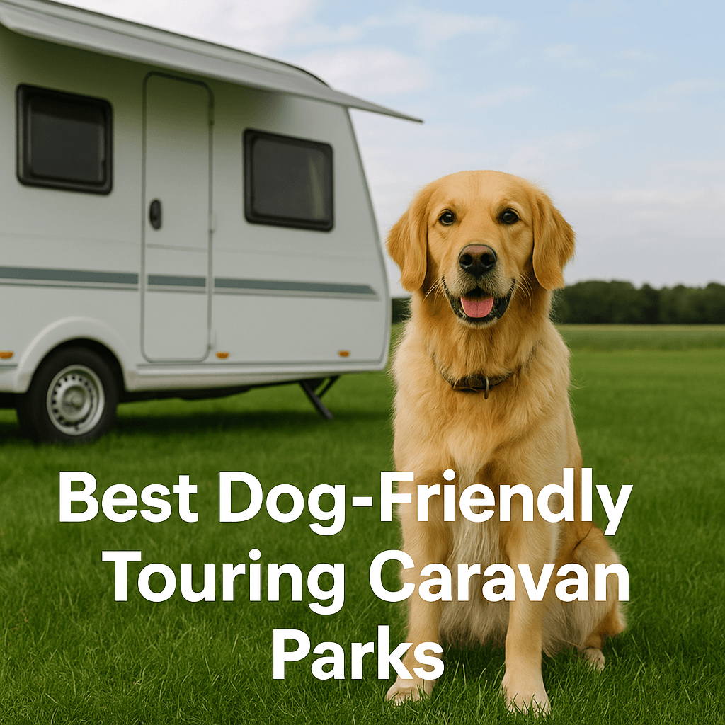 A dog sitting on green grass beside a touring caravan under clear blue sky. Text on image: "Best Dog-Friendly Touring Caravan Parks