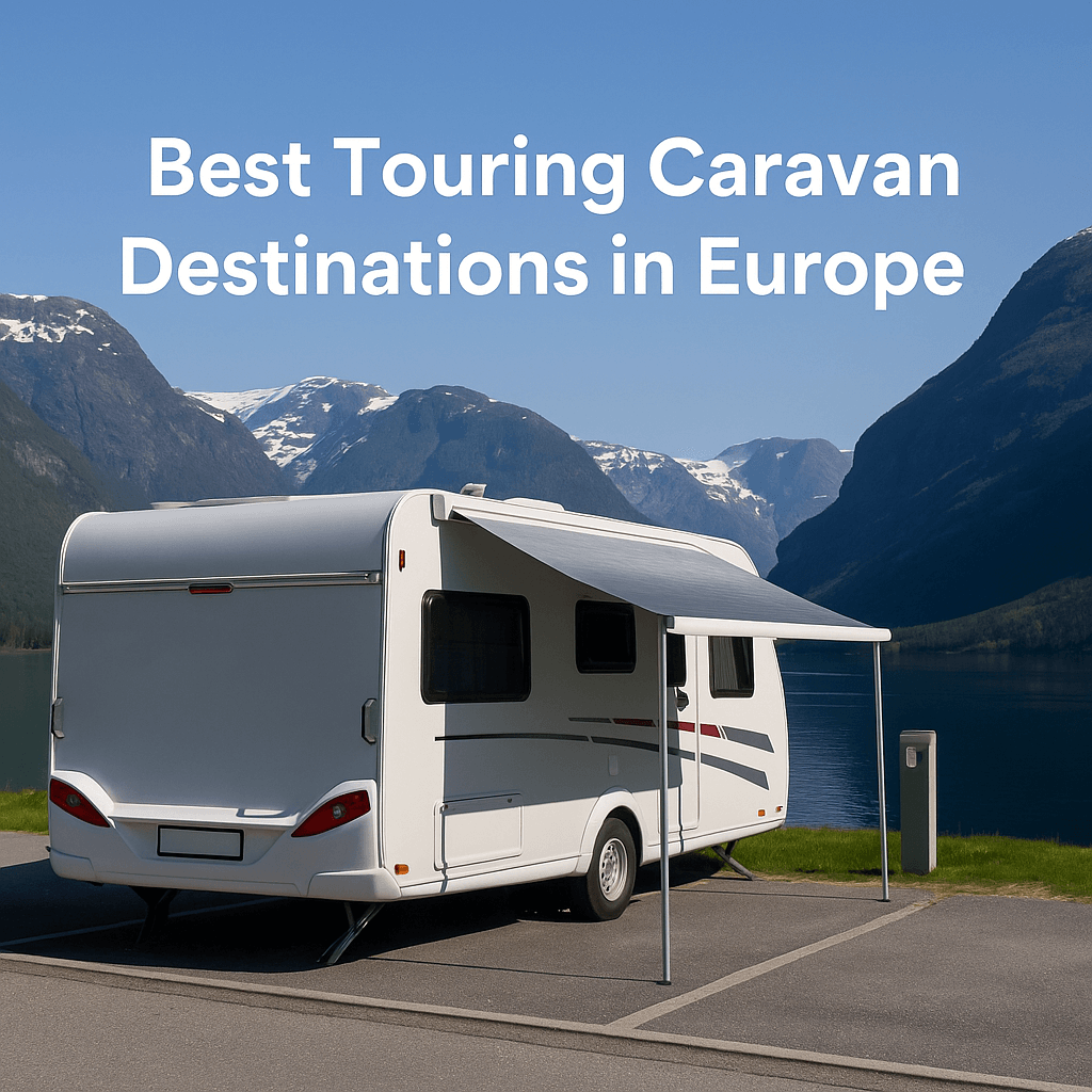 “Best Touring Caravan Destinations in Europe – touring caravan parked by an alpine lake with mountains in background, clear blue sky, realistic daylight.