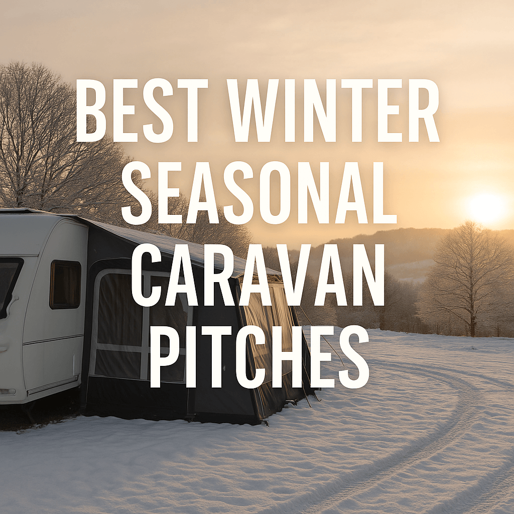 A white caravan with a seasonal awning parked on snowy ground at sunrise, surrounded by frosty trees and rolling hills, with text “Best Winter Seasonal Caravan Pitches.”