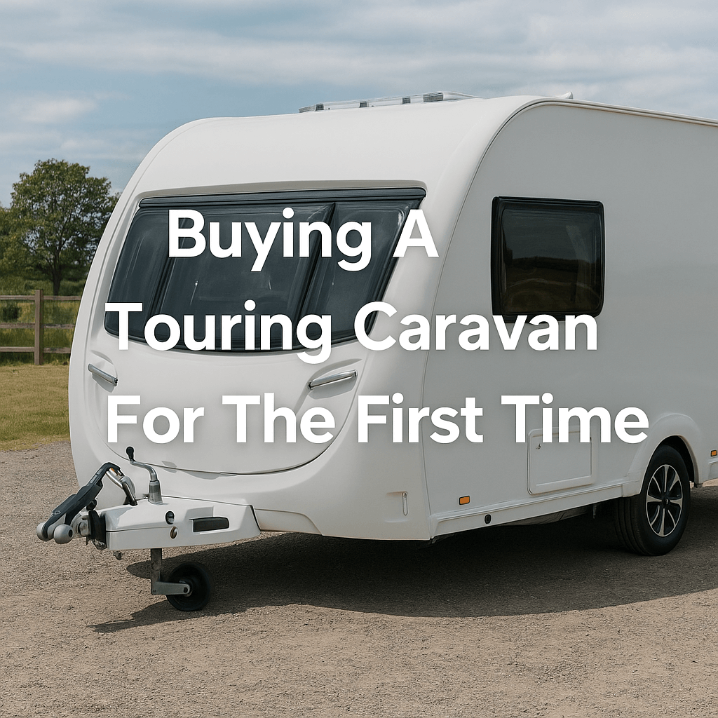 A white touring caravan parked on a gravel pitch with trees in the background, featuring the text “Buying A Touring Caravan For The First Time.