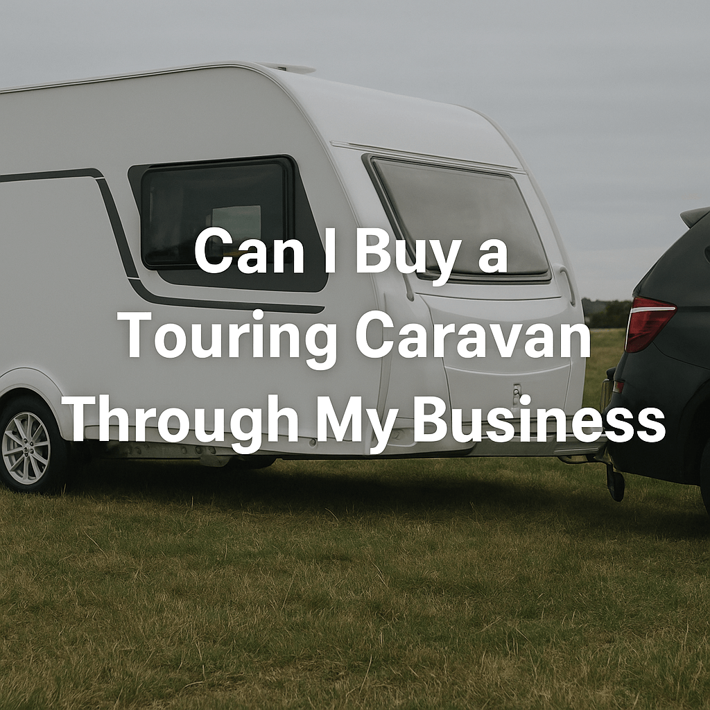 White touring caravan hitched to a dark SUV on a grassy field under cloudy sky with text “Can I Buy a Touring Caravan Through My Business?”.