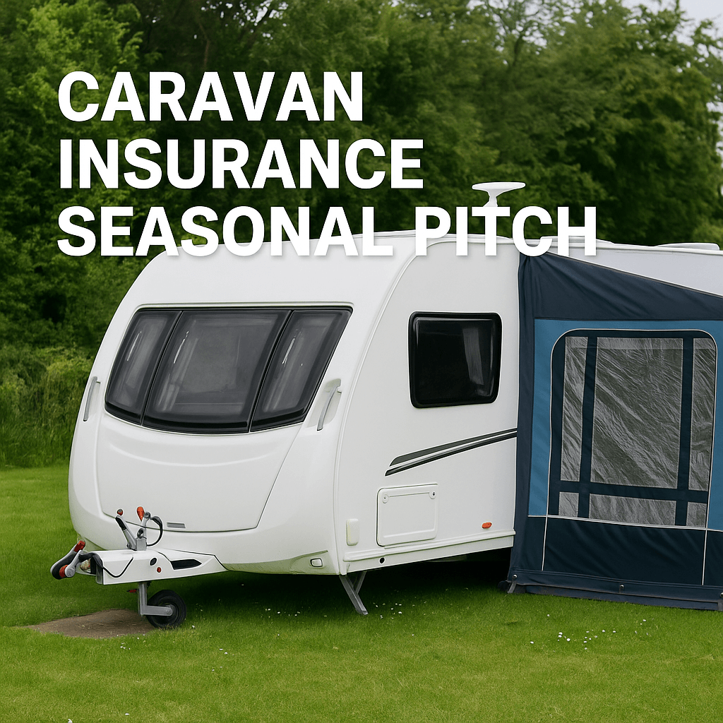White caravan with a blue awning parked on a grassy seasonal pitch under a clear sky.