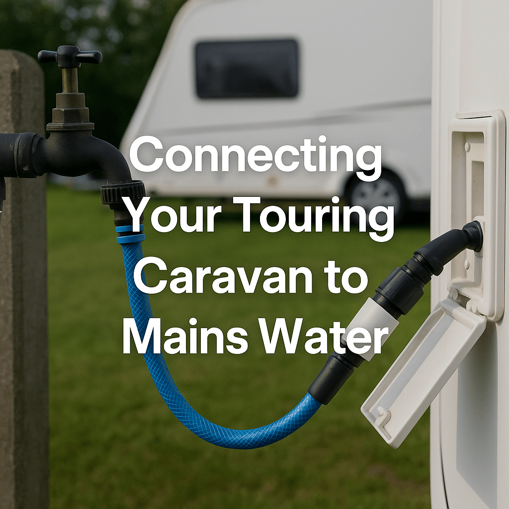 Connecting Your Touring Caravan to Mains Water — a close-up of a blue hose attached to a mains tap and a caravan water inlet on a green grass pitch under clear daylight.