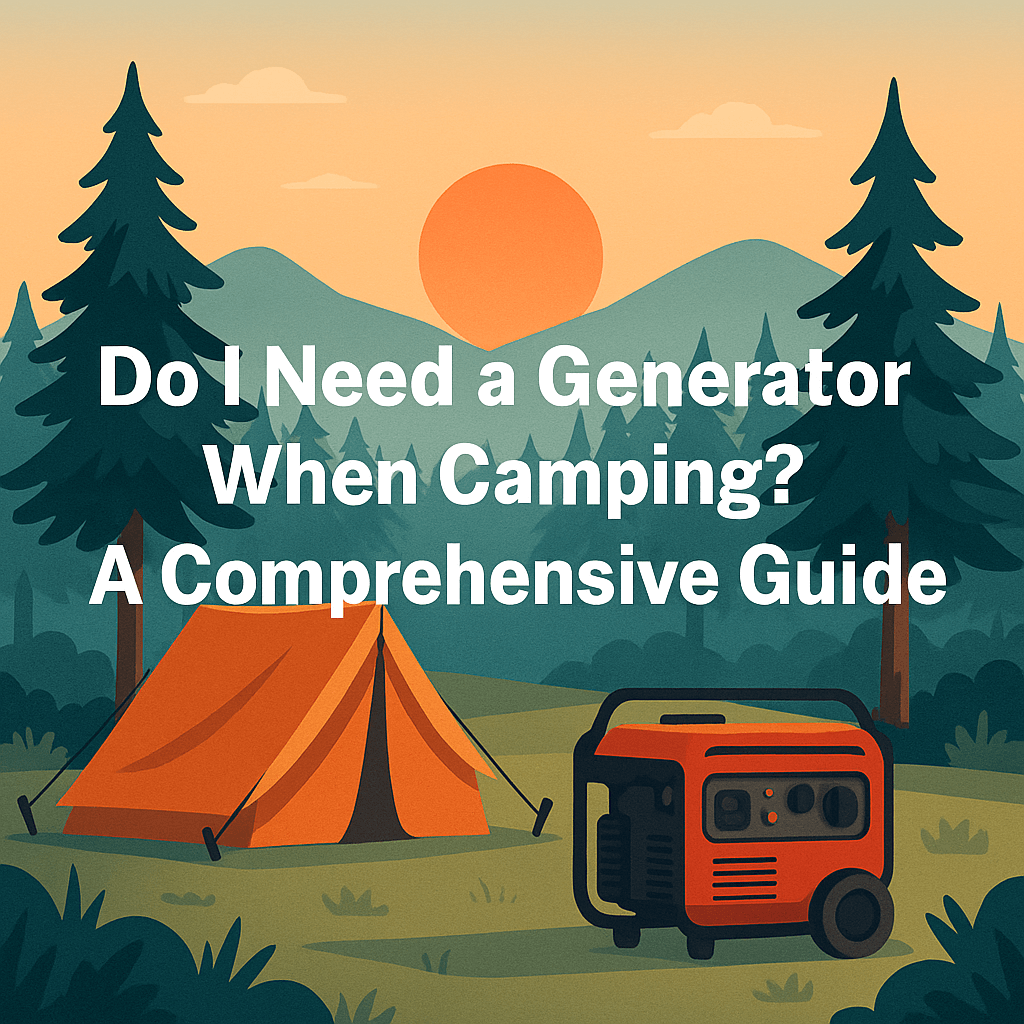 Cartoon-style illustration of a forest campsite at sunset with an orange tent and red portable generator, surrounded by pine trees and mountains, with the title "Do I Need a Generator When Camping? A Comprehensive Guide" overlayed on the image.