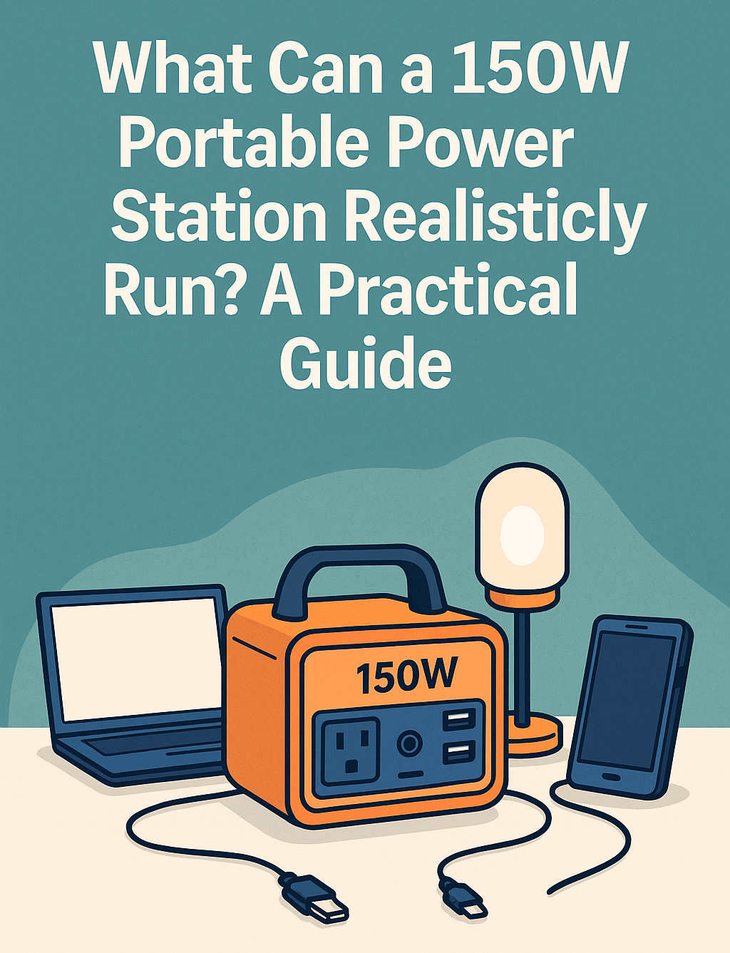 Image of a cartoonised 150W portable power station connected to a laptop, smartphone, and LED lamp on a light background.