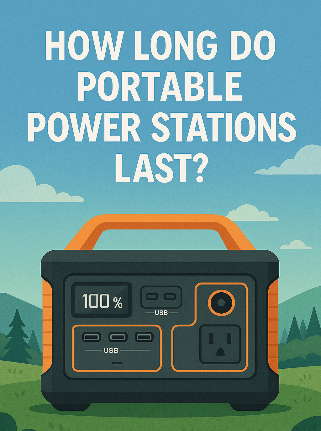A cartoon-style illustration of a portable power station with orange accents, set under a clear blue sky with mountains and trees in the background. Bold white text above the device reads 'How Long Do Portable Power Stations Last?'