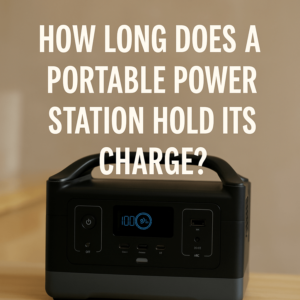 Portable power station on a wooden surface with text overlay reading "How long does a portable power station hold its charge?" on a neutral background.