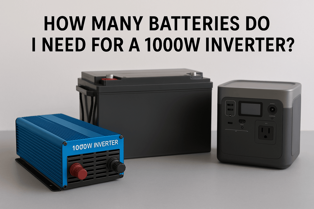 1000W inverter, deep cycle battery, and portable power station on a grey surface with text asking how many batteries are needed for a 1000W inverter