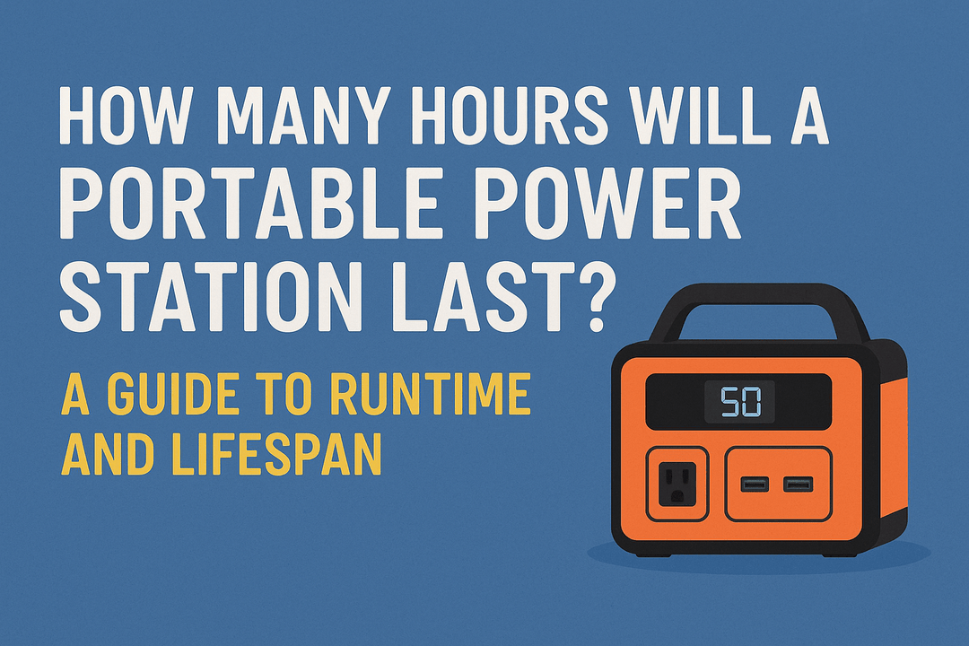 Image of an orange portable power station on a blue background with the title "How Many Hours Will a Portable Power Station Last? A Guide to Runtime and Lifespan".