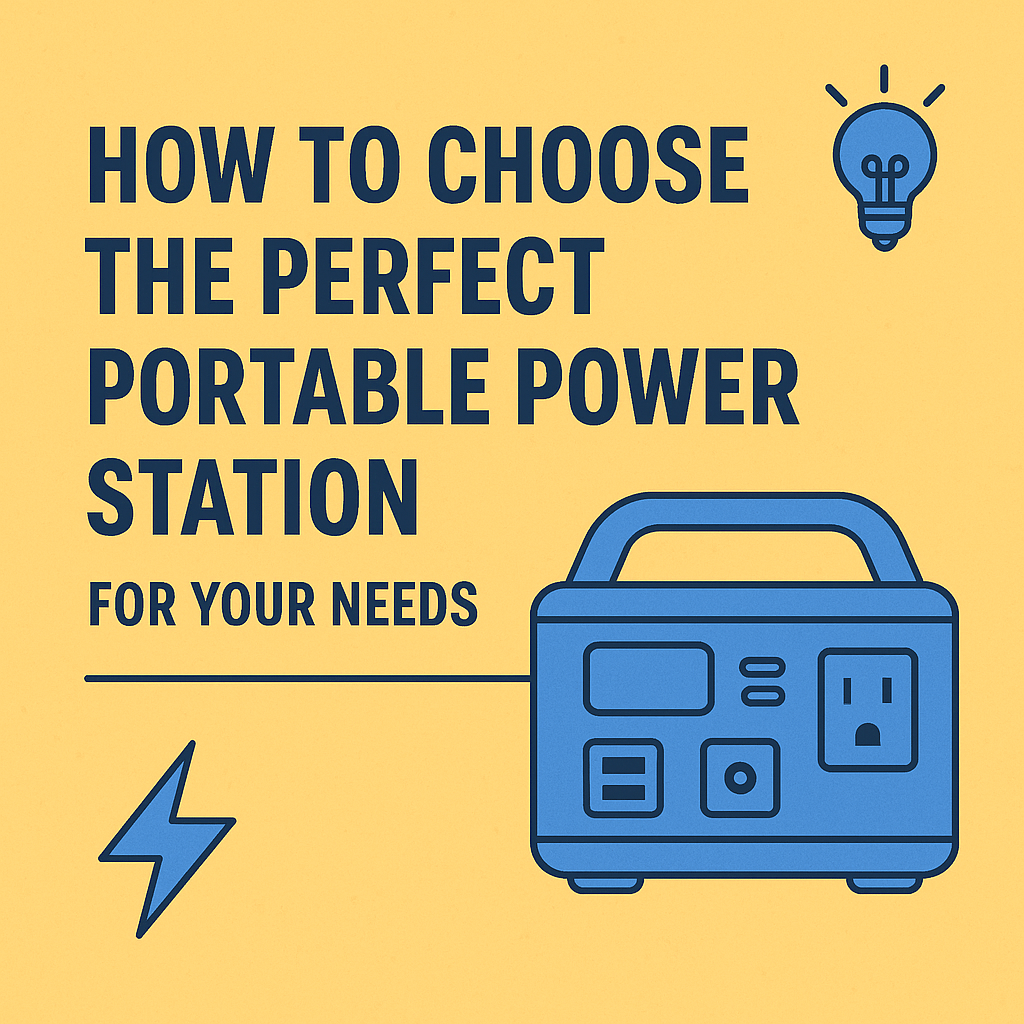 Cover image with the title “How to Choose the Perfect Portable Power Station” on a yellow background, featuring an illustrated power station, lightbulb, and lightning icon.