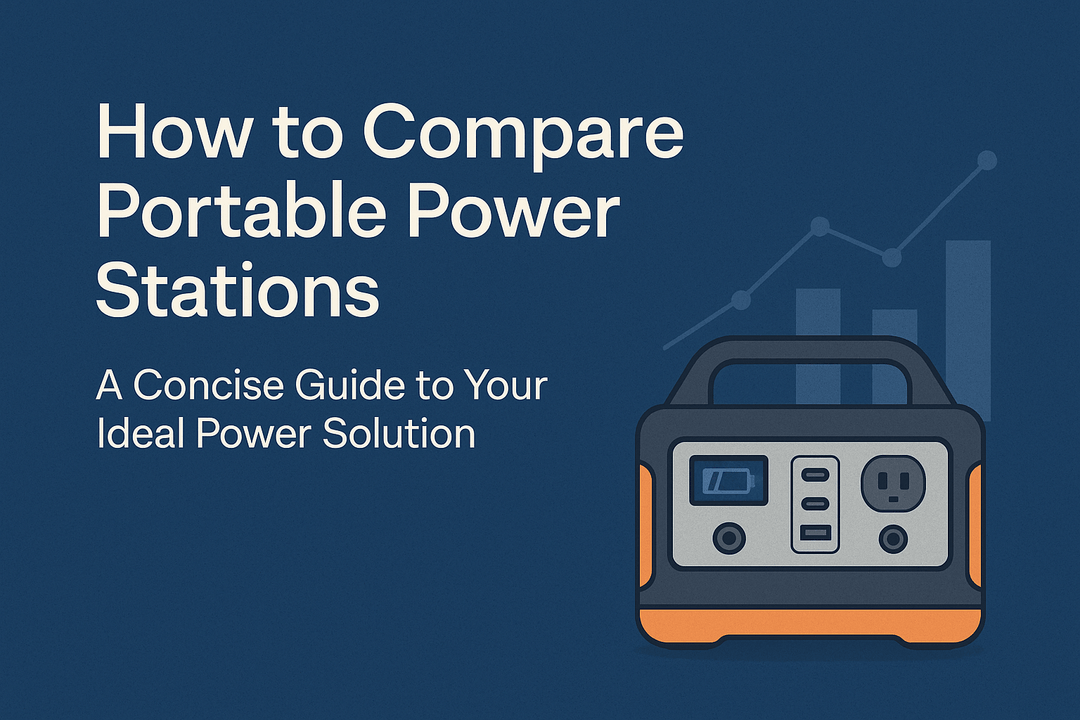 Illustrated cover image with text 'How to Compare Portable Power Stations – A Concise Guide to Your Ideal Power Solution' featuring a cartoon-style power station on a blue background with graph elements